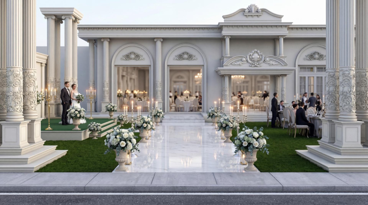 Tokat Gurme wedding hall exterior decoration In the Tokat Gürme Wedding Hall project we modeled the halls architectural design in 3D prepared high-quality renderings and produced all polyurethane decorative products used in the project in our own facilities We managed the design and production process end-to-end offering aesthetic durable and custom-sized solutions