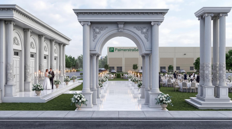 Decorarea exterioara a salii de nunti Tokat Gurme In cadrul proiectului Salii de Nunti Tokat Gürme am modelat designul arhitectural al salii in 3D am pregatit randari de inalta calitate si am produs toate produsele decorative din poliuretan utilizate in cadrul proiectului in propriile noastre facilitati Am gestionat procesul de proiectare si productie de la inceput pana la sfarsit oferind solutii estetice durabile si la dimensiuni personalizate