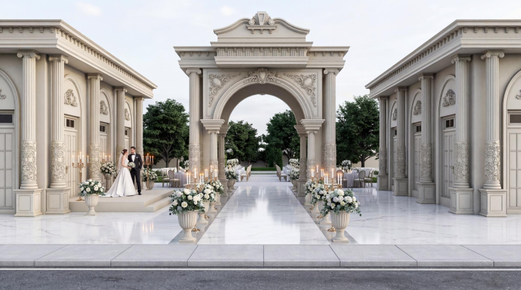 Tokat Gurme wedding hall exterior decoration In the Tokat Gürme Wedding Hall project we modeled the halls architectural design in 3D prepared high-quality renderings and produced all polyurethane decorative products used in the project in our own facilities We managed the design and production process end-to-end offering aesthetic durable and custom-sized solutions