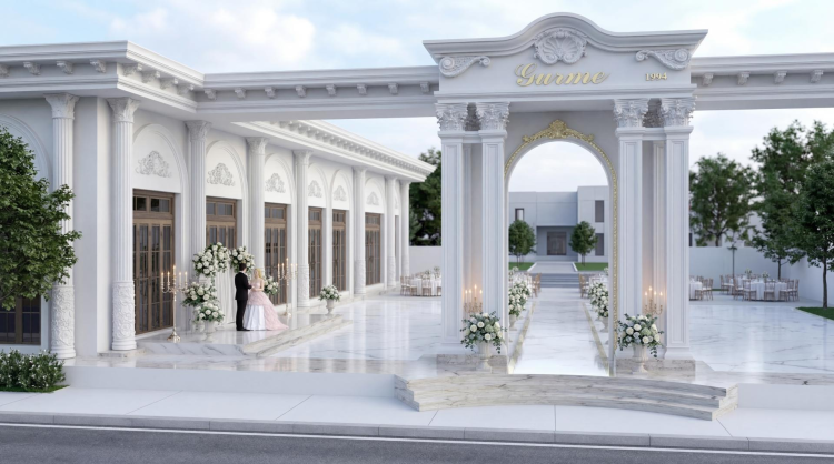 Tokat Gurme wedding hall exterior decoration In the Tokat Gürme Wedding Hall project we modeled the halls architectural design in 3D prepared high-quality renderings and produced all polyurethane decorative products used in the project in our own facilities We managed the design and production process end-to-end offering aesthetic durable and custom-sized solutions